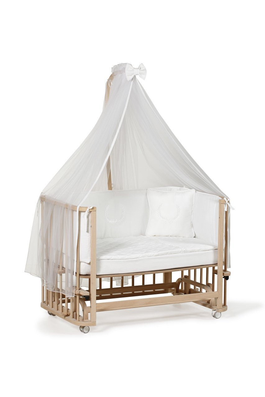 Doğal Ahşap 4 in 1 Beşik Takım 70 x 110 - anne yanı, karyola, oyun parkı, montessori + junior yatak - beyaz leaf