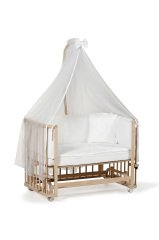 Doğal Ahşap 4 in 1 Beşik Takım 70 x 110 - anne yanı, karyola, oyun parkı, montessori + junior yatak - beyaz leaf