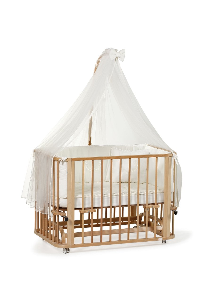 Vernikli Ahşap 4 in 1 Beşik Takım 70 x 110 - anne yanı, karyola, oyun parkı, montessori + junior yatak - krem leaf