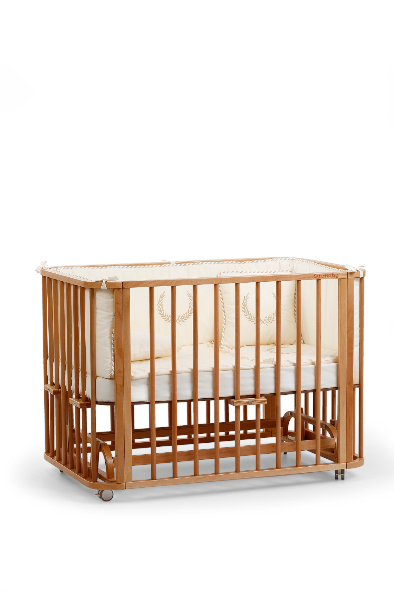Vernikli Ahşap 4 in 1 Beşik Takım 70 x 110 - anne yanı, karyola, oyun parkı, montessori + junior yatak - bej leaf