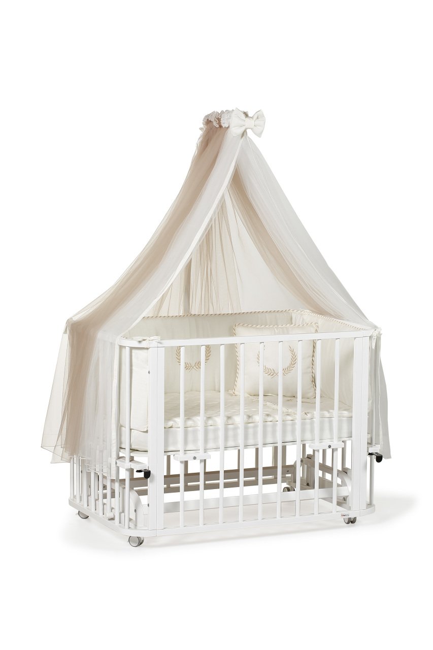 Beyaz Ahşap 4 in 1 Beşik Takım 70 x 110 - anne yanı, karyola, oyun parkı, montessori + junior yatak - bej leaf