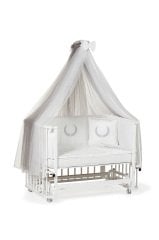 Beyaz Ahşap 4 in 1 Beşik Takım 70 x 110 - anne yanı, karyola, oyun parkı, montessori + junior yatak - gri leaf