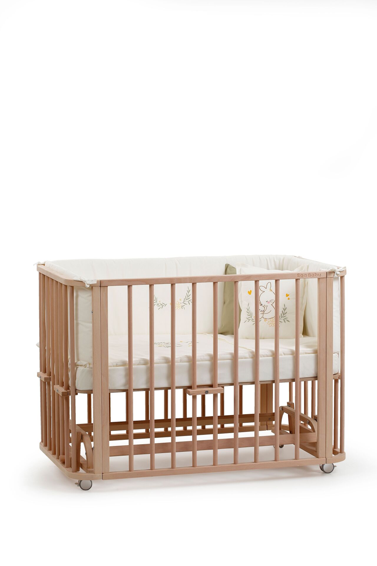 Doğal Ahşap 4 in 1 Beşik Takım 70 x 110 - anne yanı, karyola, oyun parkı, montessori + junior yatak - krem motherliness