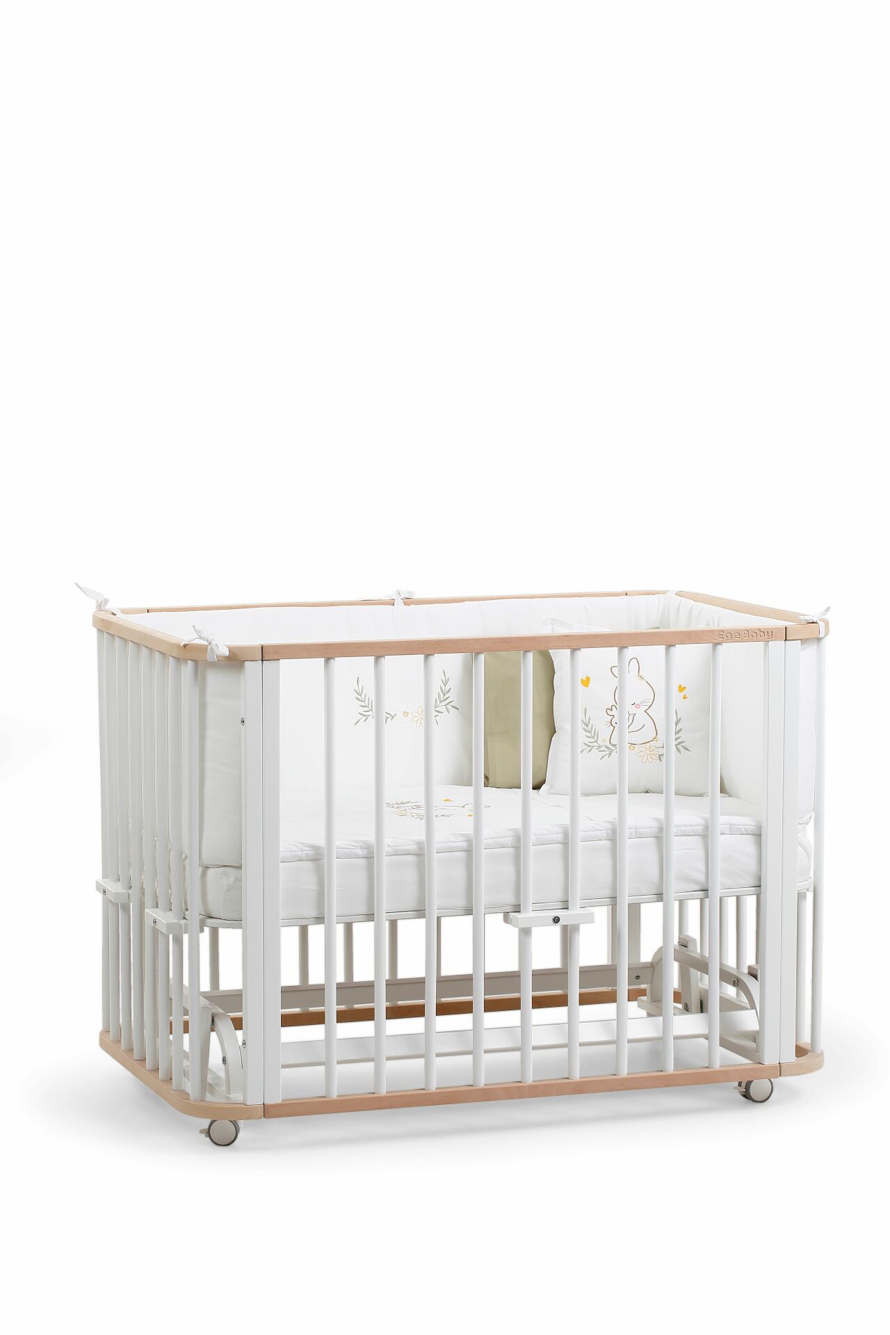 Doğal-Beyaz Ahşap 4 in 1 Beşik Takım 70 x 110 - anne yanı, karyola, oyun parkı, montessori + junior yatak - beyaz motherliness