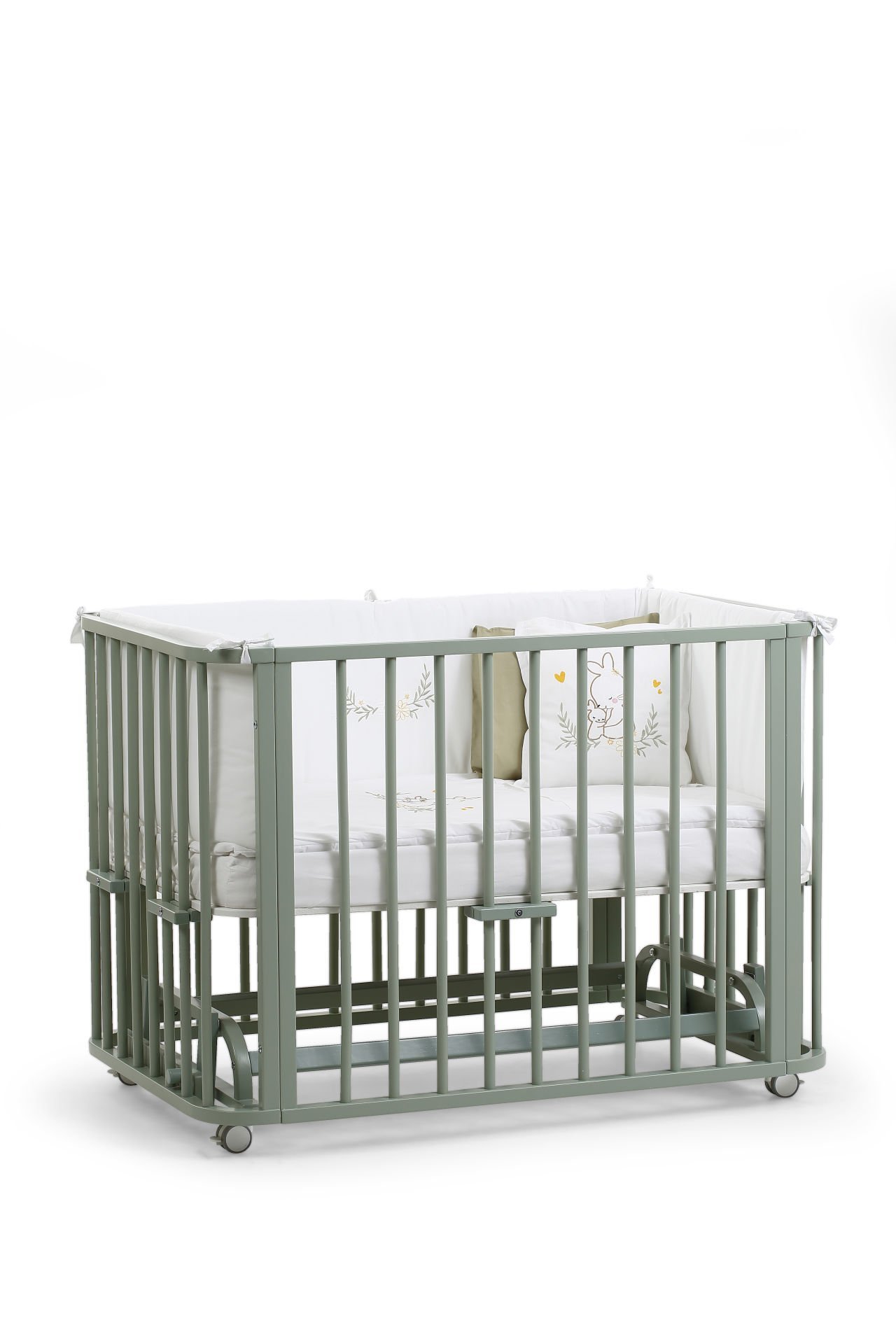 Yeşil Ahşap 4 in 1 Beşik Takım 70 x 110 - anne yanı, karyola, oyun parkı, montessori + junior yatak - beyaz motherliness