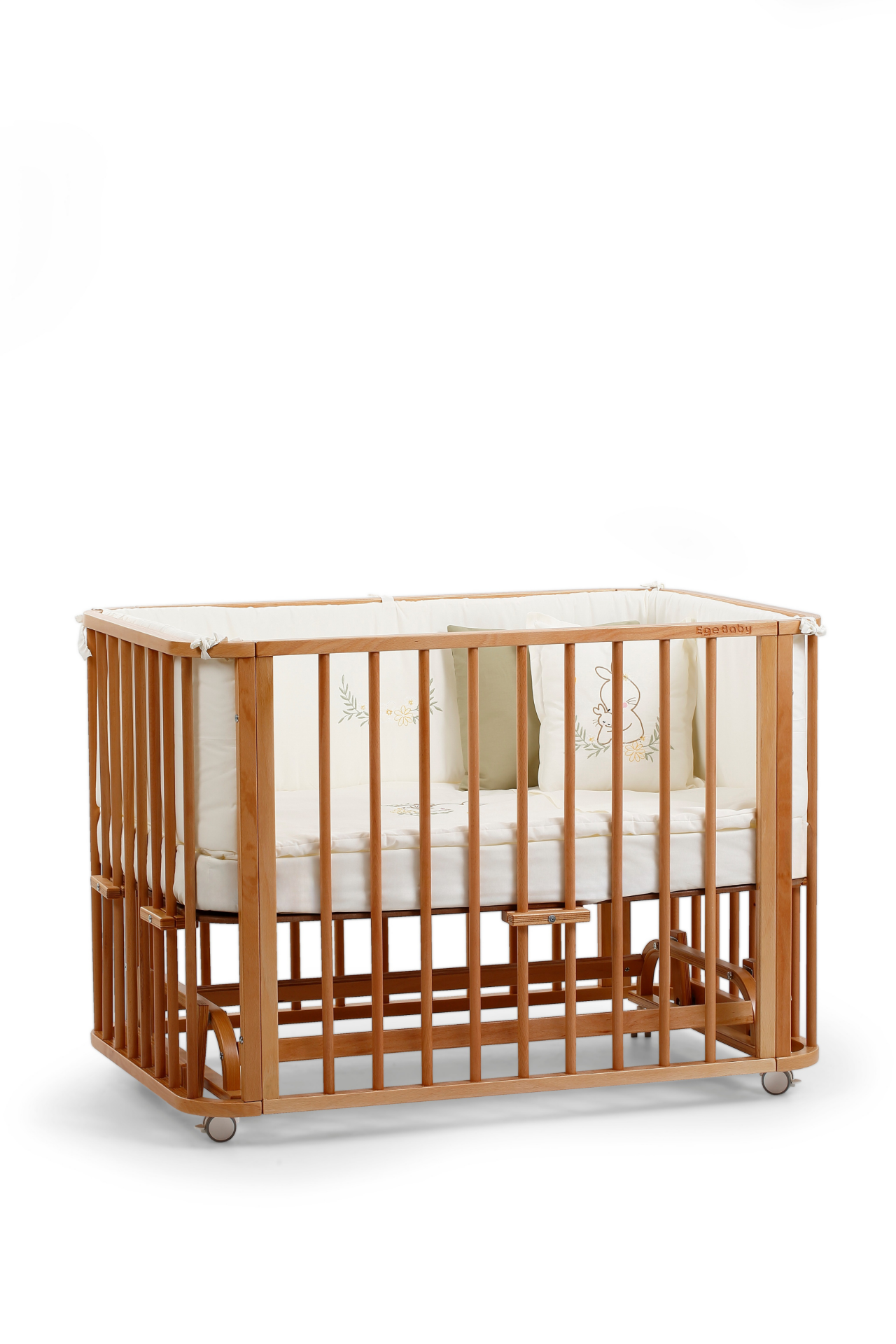 Vernikli Ahşap 4 in 1 Beşik Takım 70 x 110 - anne yanı, karyola, oyun parkı, montessori + junior yatak - krem motherliness