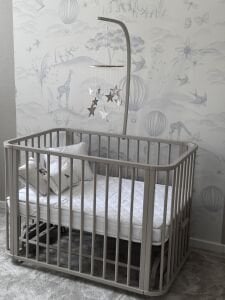 Bej Ahşap 4 in 1 Beşik Takım 70 x 110 - anne yanı, karyola, oyun parkı, montessori + junior yatak - beyaz leaf