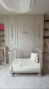 Bej Ahşap 4 in 1 Beşik Takım 70 x 110 - anne yanı, karyola, oyun parkı, montessori + junior yatak - bej leaf